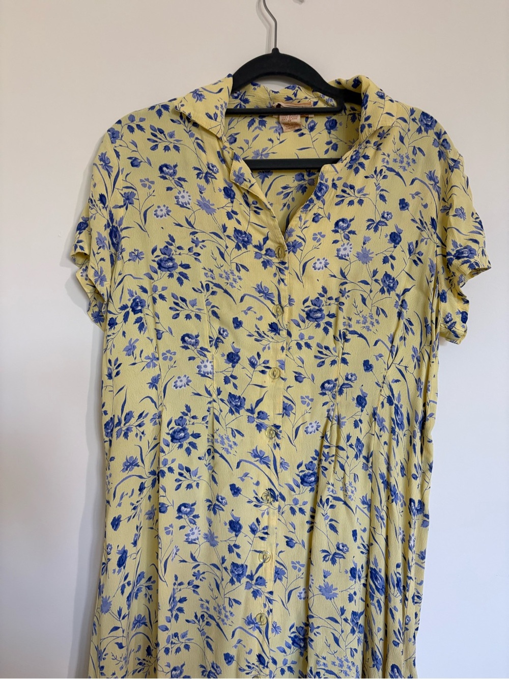 Vintage 90a April Cornell Yellow Maxi Dress with Blue Floral Print - Picture 7 of 13